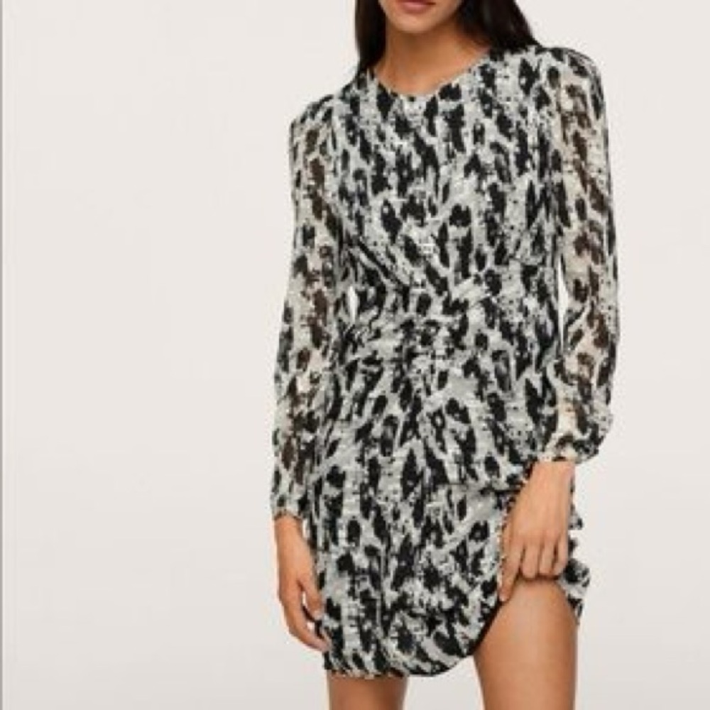 NWT MNG Mango ruched silver metallic mini dress lightweight sheer breezy chiffon